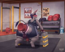 absurd_res accessory anal animal_genitalia animal_penis anthro anus asinus balls barbell basement big_balls big_butt blarf blue_eyes blue_hair blush bodily_fluids bottomwear butt buttplug clothing dialogue don_(blarf) donkey equid equine equine_anus equine_genitalia equine_penis exercise flaccid forcing genital_fluids genitals grey_body gym hair headband hi_res hooves huge_butt leaning leaning_forward long_ears lube_bottle male mammal musk overweight penis plug_(sex_toy) plug_insertion precum presenting presenting_hindquarters puffy_anus rear_view sex_toy shaking solo steam stretched_anus stretching struggling struggling_to_get_out sweat sweatband sweaty_body sweaty_butt tagme tail tears thick_thighs torn_bottomwear torn_clothing trembling unitard warm wide_hips workout wristband