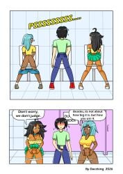 1boy 2girls 2koma black_hair blue_hair daceking dark_skin english_text original original_characters panties_down peeing peeing_in_urinal small_penis small_penis_adoration urinal