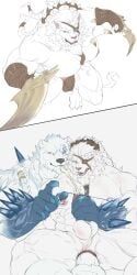 anal anal_penetration anthro balls bear bodily_fluids bulge claws cum detailed_bulge duo ejaculation electric eye_patch eyewear felid fur genital_fluids genital_outline genitals hi_res humanoid_genitalia humanoid_penis jewelry league_of_legends leoles lion male male/male mammal melee_weapon muscular muscular_male necklace nipple_fetish nipple_play nipples pantherine pecs penetration penis penis_outline pink_nose rengar_(lol) riot_games shocked shocking spikes spikes_(anatomy) surprised sword tencent volibear weapon white_body white_fur