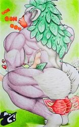 absurd_res anthro ape balls butt carrying_another duo english_text feet game_freak generation_8_pokemon genitals grunts haplorhine hi_res human interspecies leaf male male/male mammal marthan_crowl_(artist) muscular muscular_male nintendo pokemon pokemon_(species) pokephilia primate rillaboom speed_lines text