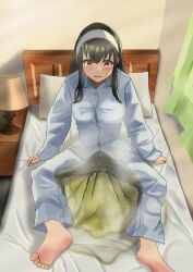 1girls bedwetting black_hair clothed kawatakenji pajamas pee peed_self peeing peeing_self solo_female spy_x_family tears urination urine yor_briar