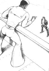 1975 2boys ass big_ass biker_clothes butt_crack dark_skin flare_pants gay kake_(tom_of_finland) leather light_skin male male_only monochrome muscular original sailor sailor_hat tight_clothing tom_of_finland traditional_media yaoi