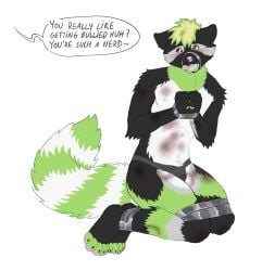 anthro anthro_male beaten bite_mark blood_drip bloody_nose blushing bondage bruise bruised degradation degradation_text degrading duct_tape duct_tape_gag fluffy_tail fluffy_tails furry furry_male heterochromia leaking_cum leaking_precum lean_figure male male_only mouth_gag muzzle_gag muzzled raccoon skunknot socks socks_in_mouth text_bubble tied_arms tied_feet tied_hands tied_legs tied_up underwear