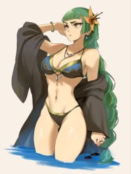 1girls absurdres bare_shoulders bikini black_bikini black_robe blunt_bangs bracelet braid braided_ponytail breasts brown_eyes cleavage closed_mouth collarbone earrings flower gold_bracelet green_hair hair_flower hair_ornament harujio_(pokemon) highres holding holding_removed_eyewear jewelry large_breasts lebanne_(pokemon) long_braid long_hair navel navel_piercing necklace nintendo open_clothes open_robe piercing pokemon pokemon_legends:_z-a robe solo stomach sunglasses swimsuit tommy_(kingdukeee) tooth_necklace tsurime unworn_eyewear wading water