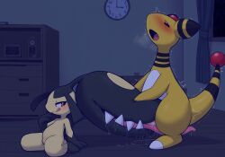 ai_generated nintendo pokemon ampharos generation_2_pokemon generation_3_pokemon mawile pokemon_(species) full-length_portrait hi_res portrait big_tongue blush bodily_fluids clock curtains dripping duo fellatio female genital_fluids genitals half-closed_eyes head_back kneeling licking licking_lips looking_back looking_pleasured male male/female narrowed_eyes night open_mouth oral oral_penetration penetration penile penis pink_penis precum pussy_juice pussy_juice_on_leg red_eyes saliva saliva_drip saliva_on_penis saliva_puddle saliva_string sex shaking shelf side_view smile standing tongue tongue_out trembling window wood_floor