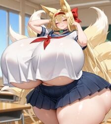 adjusting_hair ai_generated blush classroom closed_mouth curvy female female_only gigantic_breasts hirume_of_heavenly_incense hirume_of_heavenly_incense_(the_sailor_costume_for_childhood_friend)_(last_origin) hyper last_origin licking_lips one_eye_closed plump smile stable_diffusion thick_thighs underboob voluptuous wide_hips