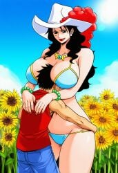 monkey_d_luffy monkey_d._luffy alvida one_piece ai_generated black_hair big_breasts male female male/female curvy curvy_female bikini face_in_breasts busty milf lipstick thick_thighs hourglass_figure curvy_body wide_hips tall_female hug