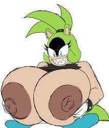 1girl 1girls big_breasts blue_eyes blue_eyes_female boobjob breasts breasts_bigger_than_head enormous_breasts eyelashes female furry furry_female furry_only gloves green_hair green_hair_female huge_breasts hyper hyper_breasts large_breasts momiji_(artist) nipples non-human sharp_teeth smile smiling solo solo_female solo_focus sonic_(series) sonic_the_hedgehog_(idw) sonic_the_hedgehog_(series) surge_the_tenrec tagme tenrec white_background white_gloves
