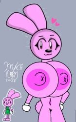 2d_(artwork) anthro belly_button big_breasts big_nipples bunny_ears bunny_tail digital_drawing_(artwork) edit edited fan_made_character first_porn_of_character gloves gray_background heart_symbol magenta_nipples model_pose munchykirby1 original_character pink_body riggy_the_runkey rosey_(riggy_the_runkey) tagme vagina