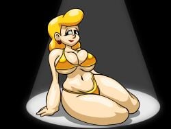 lady_(plummers_academy) the_super_mario_bros._super_show! mario_(series) nintendo dic_entertainment golden_bikini golden_week golden_week_bikini bikini tight_bikini hips big_breasts breasts_almost_out bikini_only blonde_hair blonde_female lipstick earrings black_eyes 2026 2026s simple_background dark_background light