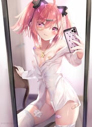 :q ahoge animal_ears areola_slip areolae bandaid bandaid_on_leg bandaids_on_nipples bangs breasts cat_ears cellphone chair closed_mouth collared_shirt commentary_request dress_shirt eyes_visible_through_hair female female hair_between_eyes hair_ornament hairclip highres holding holding_phone long_sleeves looking_at_viewer mirror naked_shirt natuna_natu on_chair original pasties phone purple_eyes red_hair reflection self_shot shirt small_breasts smile solo thighhighs tongue tongue_out twintails twitter_username white_legwear white_shirt