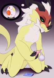 2022 anthro bandai_namco biped black_claws black_horn black_sclera claws condom condom_wrapper digimon digimon_(species) digital_media_(artwork) dragon egg erection facial_horn fan_character filled_condom finger_claws front_view genitals gradient_background green_eyes hair hi_res horn kneeling looking_at_viewer male masturbation meraence multicolored_body mythological_creature mythological_scalie mythology nose_horn penile penile_masturbation penis pink_penis red_body reptile scalie sexual_barrier_device simple_background solo tail teeth thought_bubble toe_claws wearing_condom white_body white_hair yellow_body yellow_tail