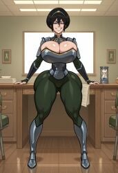 1girl ai_generated arrested avatar_the_last_airbender bubble_butt confident_smile desk dominant_female female female_only gangsters glossy_skin green_police_uniform hairbun handcuffs heavy_makeup huge_breasts massive_breasts muscular_female office police_chief police_station republic_city shiny_skin smug_expression spizcyai thick_thighs toned_body toph_bei_fong uniform wide_hips