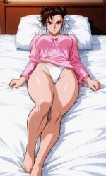 1girl clothing female double_bun panties brown_hair solo white_panties chun-li lying highleg looking_at_viewer on_back pantsu underwear highleg_panties bed breasts brown_eyes thighs hair_bun on_bed pillow thick_thighs barefoot long_sleeves full_body hair_ribbon indoors female_only ribbon feet closed_mouth no_pants toes white_ribbon sleepwear bow legs medium_breasts short_hair pink_shirt wide_hips bare_legs groin nightgown smile arms_at_sides shirt toenails bed_sheet large_breasts collarbone pink_bow thong bow_panties clenched_hands lingerie pink_ribbon alternate_costume bun_cover light_smile bedroom 1990s_(style) curvy dress clothes_lift pajamas string_panties shiny_skin street_fighter ai_generated blu3ch4rizzzard