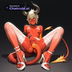 1boy 4_fingers ai_assisted ai_generated choker cute_face foot_fetish full_body_view garter_belt glowing_eyes hair_bangs highres horns lunafreya_nox_fleuret male_focus official_art red_skin spikes tail tied_hair tired_eyes topless white_cuffs