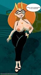 accurate_art_style alternate_body_type alternate_breast_size blush boobs_out bracelet breasts_out dialogue dialogue_bubble disney disney_channel earrings feathers-ruffled female female_only form_fitting formal formal_attire formal_wear ginger ginger_female ginger_hair green_eyes high_heels hourglass_figure hourglass_figured_female jewelry kim_possible kimberly_ann_possible looking_away mask masked_female nipple_piercing pale-skinned_female pale_skin pierced_nipples pose smile smiling solo solo_female standing undercover