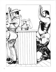 1982 6+boys 7boys arm_hair arms_up ass balls bear_(body_type) big_ass cabin chest_hair cowboy erection fellatio flaccid gay gun hairy hairy_balls jacket kake_(tom_of_finland) leather male male_only monochrome multiple_boys muscular nipples original penis pointing_gun pubic_hair slightly_chubby table tom_of_finland traditional_media under_the_table weapon yaoi