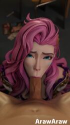 1girls 3d :>= aqua_eyes arawaraw big_penis blender blue_eyes clothing cute eye_contact female hands-free large_penis league_of_legends long_hair male/female oral petite pink_hair pink_lipstick pov riot_games seraphine_(league_of_legends) skinny video_games