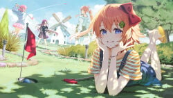 4girls blue_eyes blush clothing cute cute_face detailed_background doki_doki_literature_club feet feet_up female female_only golf grass grass_field long_hair looking_at_viewer monika_(doki_doki_literature_club) multiple_girls natsuki_(doki_doki_literature_club) not_porn official_art orange_hair pink_hair purple_hair satchely sayori_(doki_doki_literature_club) sfw short_hair smile smiling smiling_at_viewer wholesome yuri_(doki_doki_literature_club)