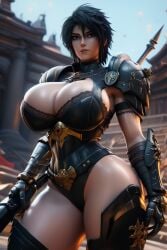 1girl 1woman 3d ai_generated big_ass big_breasts black_armor black_eyes black_hair corvus_corax female female_only female_space_marine medium_hair power_armor power_armor_(warhammer) primarch raven_guard ravenomega rule_63 scythe sexy_body sexy_female sexy_woman sliver_armor spear voluptuous voluptuous_body voluptuous_female warhammer_(franchise) warhammer_40k