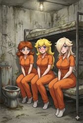 3girls ai ai_edit ai_edited ai_generated bed bedsheets blonde_hair blue_eyes brown_hair bunk_bed cell cellmates cramped dirt dirty edit edited female female_focus female_only filth gemini indoors inmate inmates inmates_clothing jail jail_cell jumpsuit long_hair mario_(series) medium_hair nintendo orange_clothing orange_jumpsuit orange_uniform pale_skin princess_daisy princess_peach princess_rosalina prison prison_cell prison_clothes prison_jumpsuit prison_uniform prisoner sink steel_toilet super_mario_bros. super_smash_bros. toilet uniform white_skin