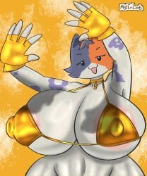 2d 2d_(artwork) anthro anthro_female areola areolae big_breasts black_eyes blue_body blue_fur breasts calico_cat cat cate_meowdy_(fortnite) collar covering covering_self curvy curvy_figure domestic_cat epic_games felid feline felis female female_only fingers fortnite fur gloves golden_bikini hands_casting_shadow huge_breasts large_breasts looking_at_viewer mammal massive_breasts meme misterilands mostly_nude multicolored_body multicolored_fur naked nipples nude orange_body orange_fur pose shadow smile solo tattoo voluptuous voluptuous_female white_body white_fur wide_hips