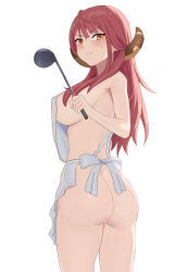 1girl 2022 absurdres alternate_costume apron aru_(blue_archive) ass back_bow backlighting blue_archive blush bow breasts closed_mouth commentary cowboy_shot demon_horns demon_tail female female_only from_behind frown hair_between_eyes hair_over_breasts hand_up highres holding holding_ladle horns ladle large_breasts long_hair looking_at_viewer looking_back loveqilaikui naked_apron pink_hair sideboob sidelocks simple_background solo sweatdrop tail thighs v-shaped_eyebrows white_apron white_background white_bow yellow_eyes