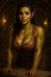 ai_generated black_hair cleavage female firelight full_lips green_skin leather looking_at_viewer mine muscular_female orc orc_female skyrim smiling_at_viewer strong_hands sweating sweaty_breasts the_elder_scrolls the_elder_scrolls_online the_elder_scrolls_v:_skyrim torch
