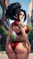 1girls ai_generated artist_request ass athletic athletic_female back_view big_ass big_breasts blue_eyes boku_no_hero_academia exhibitionism exhibitionist female_only hero_outfit_(mha) heroine huge_ass huge_breasts momo_yaoyorozu my_hero_academia pronounced_browridge solo thong thong_underwear visible_underwear voluptuous voluptuous_female