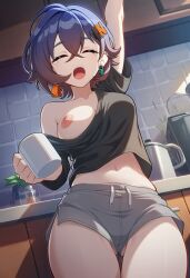 belle_(zenless_zone_zero) zenless_zone_zero hoyoverse mihoyo ai_generated lunealter 1girls female female_only female_focus black_shirt shorts partially_clothed alternate_costume morning holding_object short_hair blue_hair multicolored_hair eyes_closed tired stretching pale-skinned_female pale_skin mouth_open exposed_breasts exposed_nipples exposed_midriff exposed_shoulders exposed_legs midriff belly_button kitchen nsfw hentai 2026 uncensored no_bra medium_breasts big_ass big_thighs big_nipples thick_thighs thick_legs thick_hips