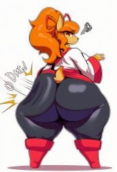 hellsonger undertale_yellow ceroba_ketsukane canid canine mammal hi_res anthro big_butt black_clothing bottomwear breasts butt butt_slap clothed clothing female female_anthro footwear hair huge_butt looking_at_viewer looking_back orange_hair rear_view red_clothing red_eyes shoes simple_background slap solo tan_body text thick_thighs white_background white_clothing wide_hips ai_generated