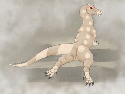 2026 3_toes absurd_res animal_genitalia band_(marking) baryonyx circle_(marking) cloaca dahlilia_(ferocious_ferals) dewclaw dinosaur earless fangs feet female feral ferocious_ferals flower flower_on_head foot_focus genitals hi_res looking_at_viewer markings pawpads plant prehistoric_species presenting presenting_cloaca presenting_vulva raised_tail rear_view red_eyes reptile saurischian scales scalie signature simple_background sitting solo spinosaurid tail tan_background tan_body tan_scales teeth theropod toes vertical_cloaca vulva