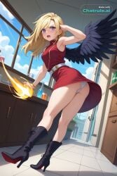 1girl ai_assisted ai_generated big_butt black_boots black_pantyhose black_wings blonde_hair blue_eyes castlevania feathered_wings from_behind full_body hands_on_own_cheeks high_heel_boots indoors laboratory long_hair long_sleeves looking_at_viewer looking_away magic moaning nervous open_mouth red_dress running serious short_dress showing_butt shy sky sleeveless sleeveless_dress source_anime star_shaped_pupils star_symbol sweater symbol_shaped_pupils teary_eyes village white_belt white_dress white_panties wings