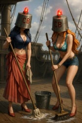 ai_generated antenna bikini black_hair bucket_helmet cleaning clothed female female_only helmet high_heels mind_control multiple_girls nami_(one_piece) nico_robin one_piece outdoors red_hair ship