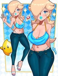 1girls wiluma big_breasts big_lips bimbo bimbo_lips blonde_hair blue_eyes blue_lips blue_lipstick breasts ear_piercing earrings hair hair_over_one_eye half-closed_eyes hips lips lipstick long_hair mario_(series) nintendo parted_lips plump_lips princess_rosalina smile star_earrings sparkles arms_behind_back thick_lips speech_bubble mushroom purple_toenails purple_toenail_polish toenail_polish toenails high_heels heels footwear full_body closed_eyes motion_lines alternate_version_available luma star female female_focus crop_top topwear bottomwear blue_thong thong blue_pants pants jeans