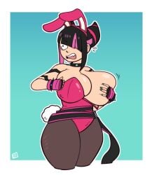1girls 2026 adjusting_clothes alternate_breast_size annoyed asymmetrical_bangs big_breasts black_hair blue_nails breast_squish breasts bunnysuit busty capcom cleavage clothed clothed_female clothes_pull clothing collar covering_nipples cowboy_shot curvaceous curvy fake_animal_ears fake_rabbit_ears fake_tail female female_only fingerless_gloves front_view gloves hair hair_horns hair_over_one_eye handwear hi_res holding_breast huge_breasts human juri_han kujikawaii large_breasts legs_together leotard light-skinned_female light_skin medium_hair multicolored_hair nail_polish one_breast_out one_eye_obstructed open_mouth pantyhose partially_clothed pink_hair pink_highlights purple_eyes rabbit_ear_hairband signature simple_background solo spiked_collar standing streaked_hair street_fighter teeth thick_thighs thighs tongue two-tone_hair wide_hips