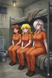 3girls ai ai_edit ai_edited ai_generated barred_window bars bed bedsheets blonde_hair blue_eyes brown_hair bunk_bed cell cellmates concerned cramped dirt dirty edit edited female female_focus female_only filth gemini greasy_hair indoors inmate inmates inmates_clothing jail jail_cell jumpsuit lamp long_hair mario_(series) medium_hair messy messy_hair nintendo orange_clothing orange_jumpsuit orange_uniform pale_skin princess_daisy princess_peach princess_rosalina prison prison_cell prison_clothes prison_jumpsuit prison_uniform prisoner sad sink steel_toilet super_mario_bros. super_smash_bros. toilet uniform white_skin window