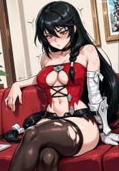 tales_of_(series) tales_of_berseria velvet_crowe bandai_namco jousneystudio ai_generated 1girl clothing female bandaged_arm bandages long_hair black_hair breasts thighhighs shorts black_choker crossed_legs sitting solo short_shorts very_long_hair black_shorts legwear navel torn_thighhighs bare_shoulders torn_clothes choker blush micro_shorts yellow_eyes collarbone bangs patreon_username trembling black_thighhighs braid couch thighs torn_shorts hair_between_eyes indoors looking_down black_legwear cleavage stomach closed_mouth large_breasts medium_breasts open_fly low-tied_long_hair center_opening on_couch underboob v-shaped_eyebrows feet_out_of_frame brown_thighhighs fanbox_username revealing_clothes arm_support red_shirt web_address strapless midriff skindentation picture_frame vambraces denim_shorts side_braid twitter_username bandeau cutoffs drawing_(object) shiny_skin shirt thick_thighs arm_wrap single_braid
