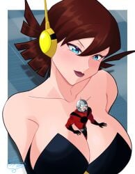 the_dazu female male female_focus alternate_version_at_source breasts big_breasts cleavage giantess macro micro size_difference larger_female marvel wasp_(marvel) wasp_(earth's_mightiest_heroes) ant-man_(series) ant-man 1girls 1boy