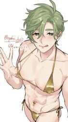 opeke_chaii olivine_(nu:_carnival) artist_name bikini gold_bikini licking_lips looking_at_viewer green_eyes green_hair heart-shaped_pupils bra_pull bishie_sparkle abs toned_male blush 1boy solo male_only yaoi gay nu:_carnival viewed_from_above big_breasts big_chest nipple_bulge navel_piercing piercing