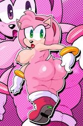 accessory amy_rose anthro big_breasts big_butt boots bracelet breasts butt clothing eulipotyphlan female footwear fur gloves green_eyes hair_accessory hairband handwear hedgehog hi_res jewelry mammal mostly_nude mschaox6 nipples pink_background pink_body pink_fur sega shoes simple_background solo sonic_the_hedgehog_(series) tail tan_body tan_nipples tan_skin