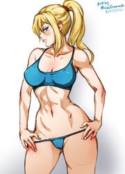 1girls alternate_costume bikini blonde_hair blue_bikini blue_eyes blue_swimsuit breasts g-string g-string_half_down medium_breasts metroid minacream nintendo partially_visible_vulva ponytail samus_aran solo swimsuit toned toned_female