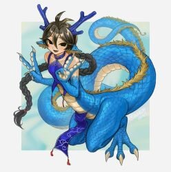 bifuteki_(bi_futeki) absurdres character_request copyright_request highres tagme 1girls antlers black_eyes black_hair blue_scales border claws flat_chest horns long_tail monster_girl pelvic_curtain solo tail white_border