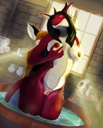 2026 2_horns absurd_res anthro areola bathing bathroom bathtub biped black_areola black_claws black_ears black_hair black_nipples breast_grab breasts brick brick_background brick_wall brown_horn canid canine claws crowsmg detailed_background digital_drawing_(artwork) digital_media_(artwork) dragon duo ear_piercing ear_ring embarrassed eyes_closed female finger_claws fox front_view fur genitals glistening glistening_genitalia glistening_lips glistening_vulva gloves_(marking) grabbing_from_behind guided_breast_grab hair hand_on_breast head_horn hi_res horn humanoid_genitalia humanoid_vulva inside jewelry larger_female light light_beam lips male male/female mammal markings medium_breasts medium_hair monotone_horn multicolored_body multicolored_fur mythological_creature mythological_scalie mythology navel nipples non-mammal_breasts non-mammal_navel non-mammal_nipples non-mammal_vulva notched_ear nude nude_anthro nude_female nude_male open_mouth orange_body orange_fur partially_submerged photobashing piercing red_body red_fox red_scales ridged_horn ring_piercing scales scalie shaded signature size_difference smaller_male soft_shading standing sunlight tail true_fox two_tone_body vulva wall_(structure) water wavy_horn wet wet_body wet_hair white_body white_fur window window_light