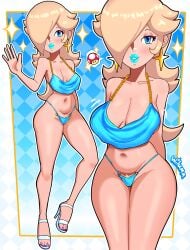 1girls wiluma big_breasts big_lips bimbo bimbo_lips blonde_hair blue_eyes blue_lips blue_lipstick breasts ear_piercing earrings hair hair_over_one_eye half-closed_eyes hips lips lipstick long_hair mario_(series) nintendo parted_lips plump_lips princess_rosalina smile star_earrings sparkles arms_behind_back thick_lips speech_bubble mushroom purple_toenails purple_toenail_polish toenail_polish toenails high_heels heels footwear full_body closed_eyes motion_lines alternate_version_available solo solo_female female female_only crop_top topwear bottomwear blue_thong thong blonde_pubic_hair pubic_hair pubic_hair_peek bare_legs