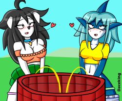 2girls blush blushing anthro peeing implied_pee relief dog_girl shark_girl furry furry_female furry_only outdoors artist_name daceking original original_characters off_shoulder white_skin blue_skin panties_down cleavage shirt yellow_shirt off_shoulder_shirt skirt_lift heart spoken_heart pee urination urine urine_stream choker long_hair black_hair aqua_hair navel female_only no_sex day daytime peeing_standing_up standing_pee