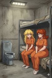 2girls ai ai_edit ai_edited ai_generated bed bedsheets blonde_hair blue_eyes brown_hair bunk_bed cell cellmates dirt dirty edit edited female female_focus female_only filth gemini indoors inmate inmates inmates_clothing jail jail_cell jumpsuit long_hair mario_(series) medium_hair nintendo orange_clothing orange_jumpsuit orange_uniform princess_daisy princess_peach prison prison_cell prison_clothes prison_jumpsuit prison_uniform prisoner sink steel_toilet super_mario_bros. super_smash_bros. toilet uniform white_skin