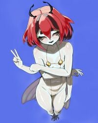 1girl 1girls absurdres antennae arthropod_girl arthropod_limbs bare_hips beastiez beri_(beribug) beribug black_hair black_sclera black_tongue blue_background breasts bug_girl colored_sclera colored_skin extra_arms fangs female female_only full_body gold_bikini gold_one-piece_swimsuit green_eyes grey_skin hair_between_eyes highres indie_virtual_youtuber insect_wings ladybug_girl ladybug_wings legs looking_at_viewer medium_hair monster_girl multicolored_eyes multicolored_hair navel one-piece_swimsuit open_mouth red_eyes red_hair sedua_weynn short_eyebrows small_breasts solo standing sweat swimsuit thighs v virtual_youtuber wings