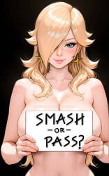 princess_rosalina super_mario_bros. super_mario_galaxy super_mario_odyssey super_smash_bros. implied_nudity holding_card covered_breasts nude_female nude one_eye_covered golden_earrings freckles_on_face freckles_on_breasts cleavage deep_cleavage simple_background black_background smiling_at_viewer looking_at_viewer smash_or_pass nintendo video_games video_game_character pink_lips big_breasts big_tits busty_female busty_girl 2d 2d_(artwork) 2d_artwork ai_generated ai_assisted ai ai_art ai-created stable_diffusion comfyui philolite deviantart deviantart_link deviantart_watermark deviantart_username