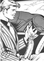 1972 2boys big_penis blonde_hair clothed erection formal_wear gay kake_(tom_of_finland) licking_penis male male_only monochrome muscular original penis penis_through_fly tom_of_finland traditional_media vehicle vehicle_interior yaoi